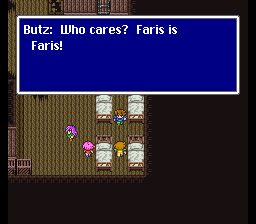 Screenshot from the Ship Graveyard segment in FFV where Butz asserts that Faris is Faris (1998 fan translation)