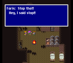 Screenshot from the Ship Graveyard segment in FFV where Faris fights off Butz and Galuf after they lay hands upon him (1998 fan translation)