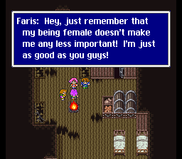 Screenshot from the Ship Graveyard segment in FFV where Faris asserts equality with the other party members regardless of gender (1998 fan translation)