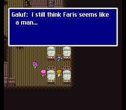 Screenshot from the Ship Graveyard segment in FFV where Galuf remarks that Faris seems like a man (1998 fan translation)