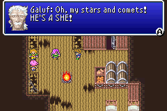 Screenshot from the Ship Graveyard segment in FFV where Galuf declares with shock that he is a she (2006 GBA translation)