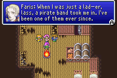 Screenshot from the Ship Graveyard segment in FFV where Faris uses both lad and lass to self-describe (2006 GBA translation)