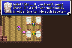 Screenshot from the Ship Graveyard segment in FFV where Galuf says that Faris should dress like a woman (2006 GBA translation)