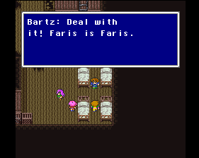 Screenshot from the Ship Graveyard segment in FFV where Bartz asserts that Faris is Faris (1999 PS1 translation)