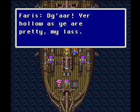 Screenshot from the Ship Graveyard segment in FFV where Faris insults Reina in stereotypical pirate dialect (1999 PS1 translation)