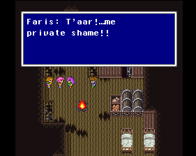 Screenshot from the Ship Graveyard segment in FFV where Faris describes the secret of their gender as a private shame (1999 PS1 translation)