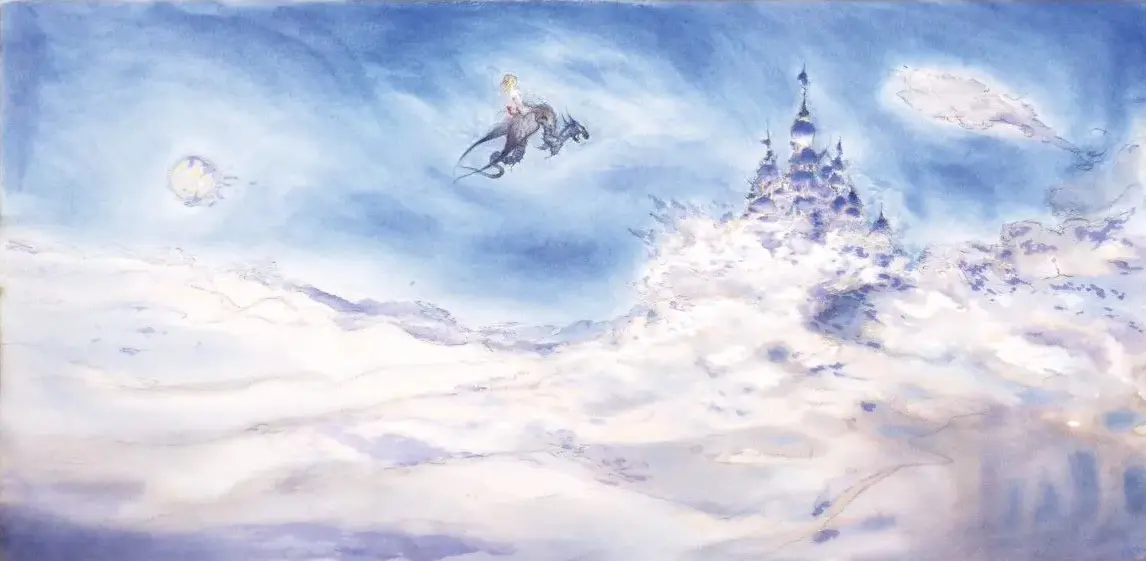 Key art from Final Fantasy V featuring a dragon and rider flying above the clouds towards a castle